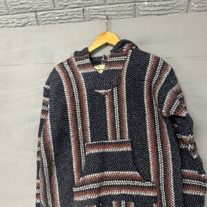 Earth Ragz Mens Large Baja Hoodie Mexican Blanket Pullover Navy Blue Striped L